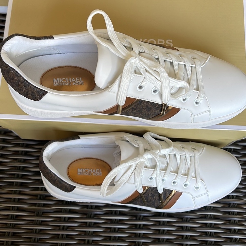 Michael Kors Poppy Stripe Lace Up Nappa Faux Leather WMNS Optic White/Brown - Picture 7 of 16